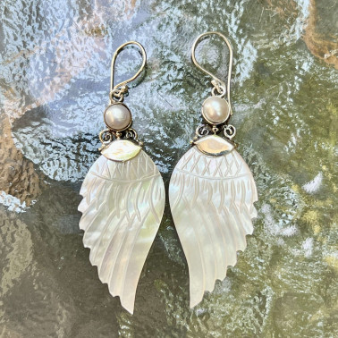 ER 15712 MP-(HANDMADE 925 BALI STERLING SILVER WINGS FILIGREE EARRINGS WITH MOTHER OF PEARL)